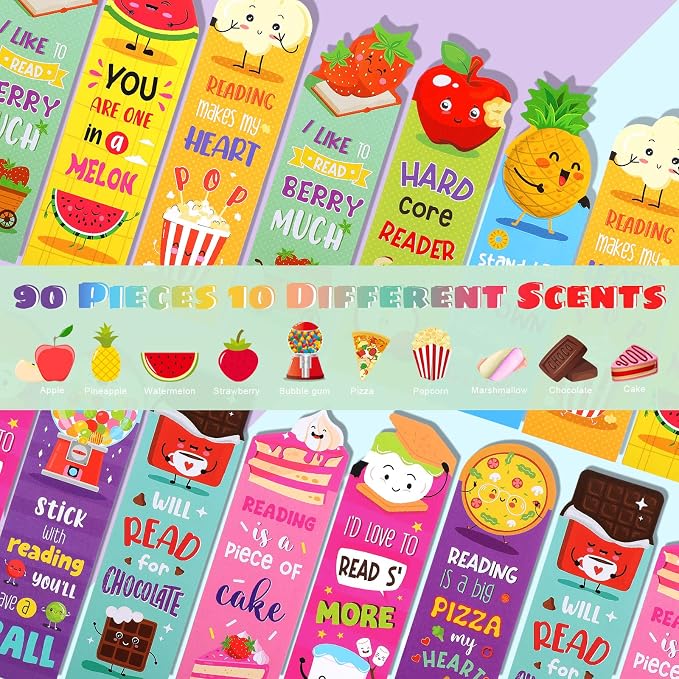 Eersida 90 Pieces Scratch and Sniff Scented Bookmarks Fruit Food Theme Sayings Bookmarks Sayings Assorted Cute Scented Gifts for Learning Reading Rewards Food Lovers, 10 Styles(Classic)
