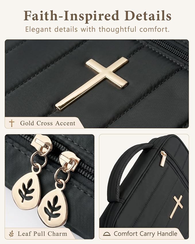 Wuflyover Bible Bag for Women with Study Set, Quilted Bible Cover Case with Handle, Bible Carrying Case for Church, Tabs, Notes, Pens and Highlighters, (Black+Study Accessories)