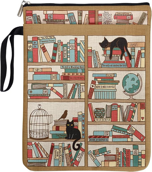 Black Cat Book Sleeve Book Lovers Gifts for Readers - Book Lover Bookish Gifts for Bookworm Women - Library Bookshelf Book Cover for Cat Lovers with Handle 9x12 Inch
