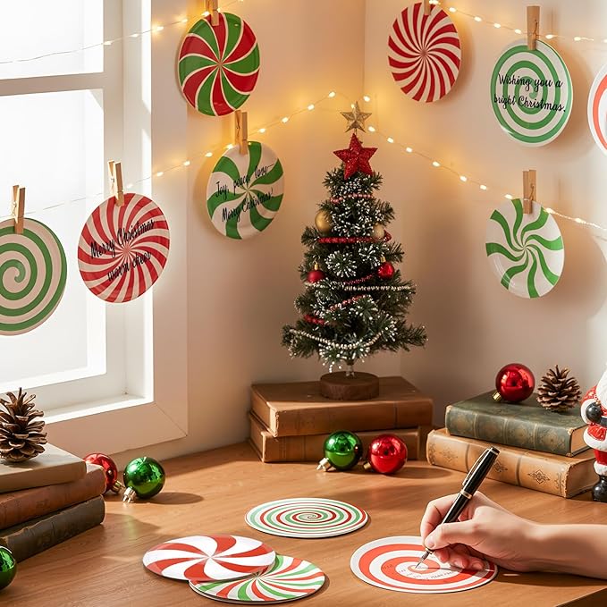 TaoBary 24 Pcs 7.09 Inch Christmas Candyland Peppermint Cutouts Candy Party Decorations Green Red White Candy Paper Bulletin Board Cutouts for Classroom Birthday DIY Wall Banner Home Window Supplies