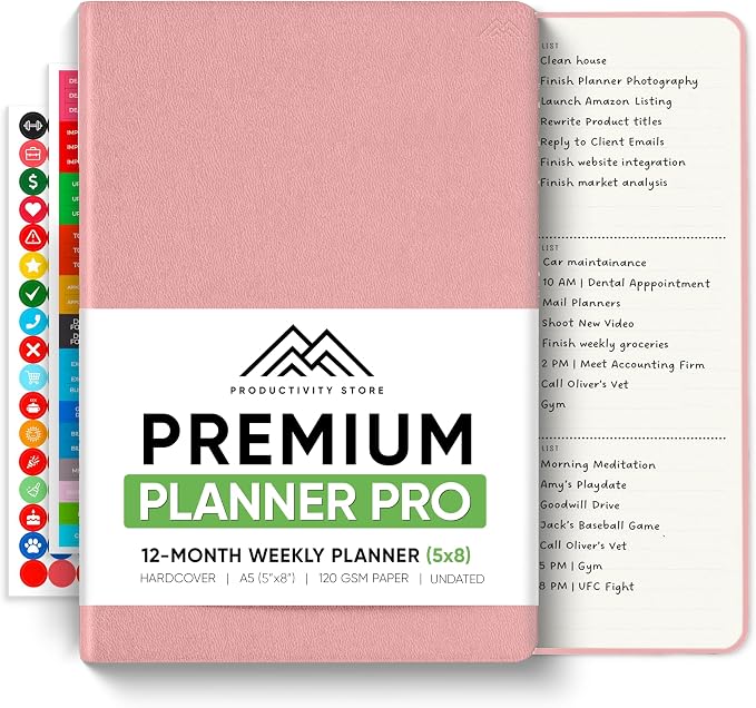 PRODUCTIVITY STORE Pro - Undated, 2026 Planner, 5.8” x 8.3” - The #1 Productivity Planner to Achieve Your 2026 Goals - Planner 2026-2027 - Pink - A5