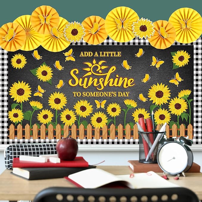 Janlaugh 72 Pcs Sunflower Bulletin Board Decorations with Paper Fans Summer Butterflies Flowers Classroom Bulletin Board Set Sunflower Cutouts for Classroom Office Window Wall Back to School Decor