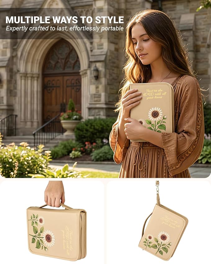 Bible Cover Case for Women, Large PU Leather Bible Bag with Multiple Pockets, Reinforced Handle and Wrist Strap, Zippered Organizer for Bible Study and Church, Gift for Her, Beige