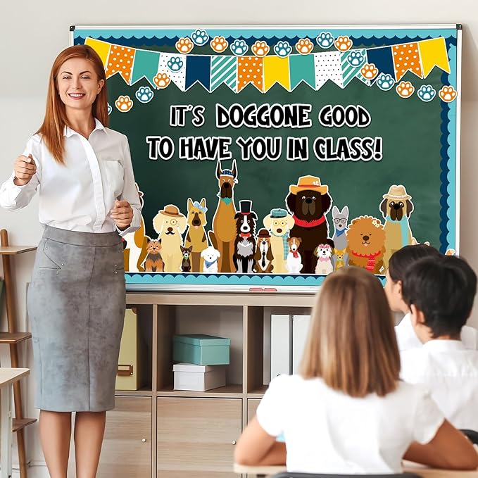 Justforjoyful 80Pcs Pet Dog Bulletin Board Classroom Decorations Set Puppy Cutouts Paw Bulletin Board Boarder Pet Dog theme Decoration Wall Decor Chalkboard Welcome Back to School Supplies