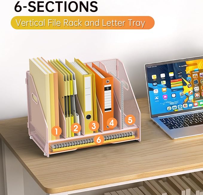 Docnest Desk File Holder Sorter, 5 Vertical Compartments Rack with Letter Tray, Mesh Magazine File Holder with Handle,Workspace Organizers,Desk Organizers for Paper, Mail, Documents-Pink