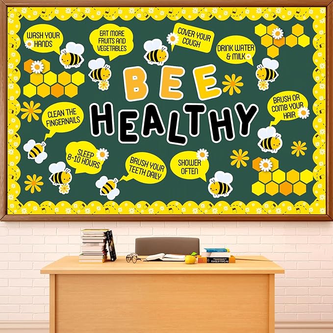 Bee Bulletin Board Decorations Set Spring Beneficial Habits Bulletin Board Bee Healthy Daisy Paper Cutouts for Classroom Back to School Home Office Teacher Chalkboard Wall Door Decor Supplies