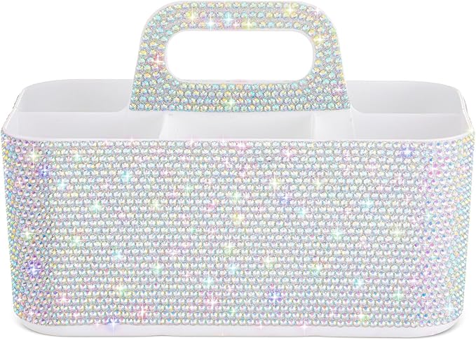 Marspark Bling Makeup Caddy Organizer with Handle, Sparkly Art Craft Holder, Glitter Bathroom Hair Caddy, Shimmer Pen Pencil Holder for Women Desk Organizer, Bling Gifts for Women(White,AB Diamond)