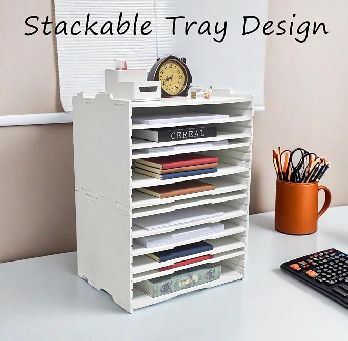 YFS 5 Tier-Desk File Organizer, Stackable Paper Tray, Printer Paper Storage for Office, Sorter Organizer for Letter/A3 Office File Folder Holder -White (Horizontal-5tray(with 4 Adjustable Shelves))