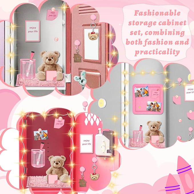 Demonwer Pink Locker Accessories Kit Magnetic Whiteboard Pen Holder Sticky Note Small Carpet Hook for Back to School Essentials Locker Decorations