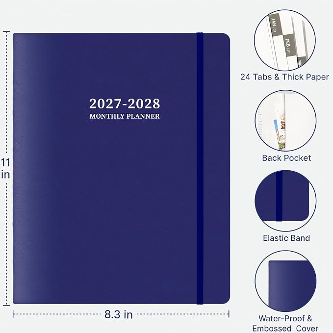 2027-2028 Monthly Planner, 2 Year Calendar Planner, Jan 2027 - Dec 2028, 8.3'' x 11'', 24 Months, Embossed Cover, with Printed Tabs ＆Pocket, Elastic Closure, Organizer for Office Home School, Blue