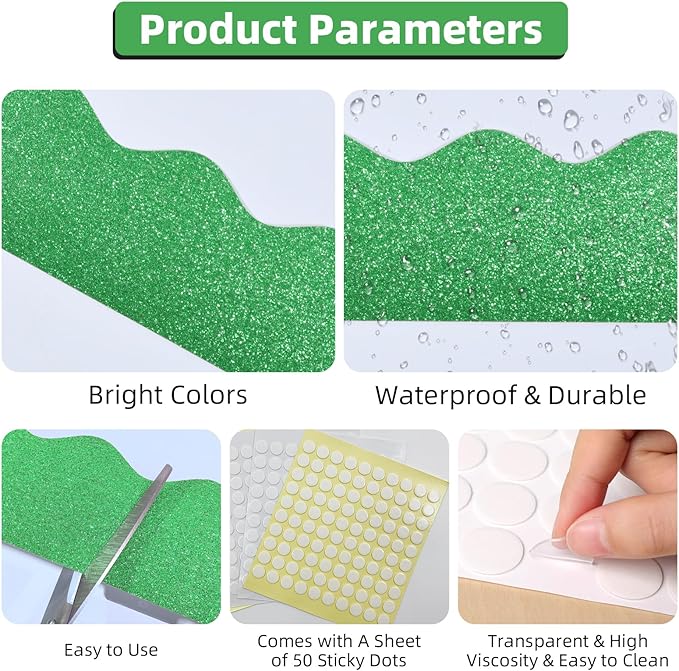 3 Rolls 98.4 Ft Glitter Bulletin Board Borders Set - Dark Green Bulletin Board Decor for Classroom, Office, School Supplies & Home DIY - Perfect for Teachers, Posters & Birthday Decor (Green)