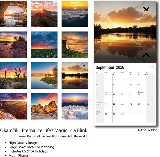 Wall Calendar 2026 Planner Calendar - Sunset Hangable Monthly Wall Calendar with Large Blocks for Organizing & Planning, Academic Schedule, Home, Office & family, Thick & Sturdy Paper (12"x24" Open)