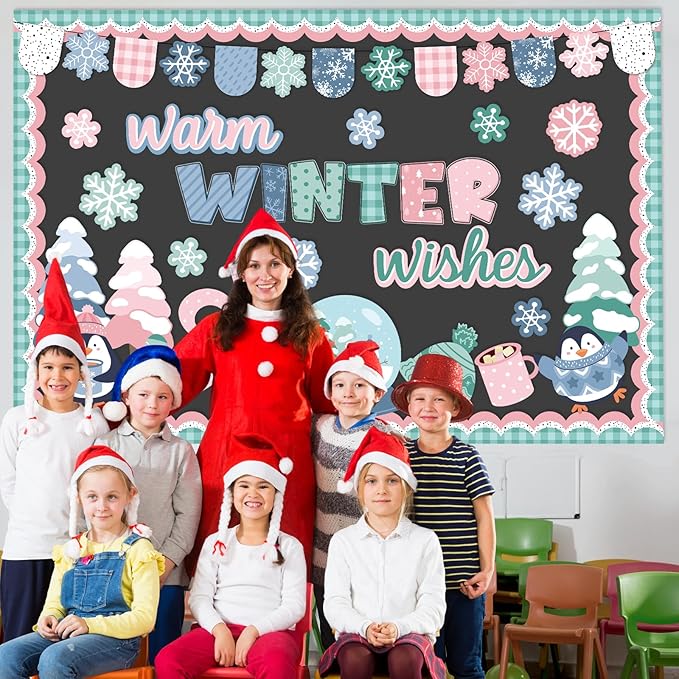 Winter Wonderland Bulletin Board Set Warm Winter Wishes Snow Globe Classroom Decorations Snowflakes Penguins Mittens Hats Trees Paper Cutouts for Office Home Library Wall Holiday Display