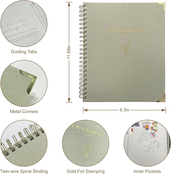Wedding Planner Book and Organizer for Bride - Elegant Linen Cover Wedding Planning Binder with Checklists,Pockets & Calendars,Perfect Engagement Gifts for Couples(Sage)