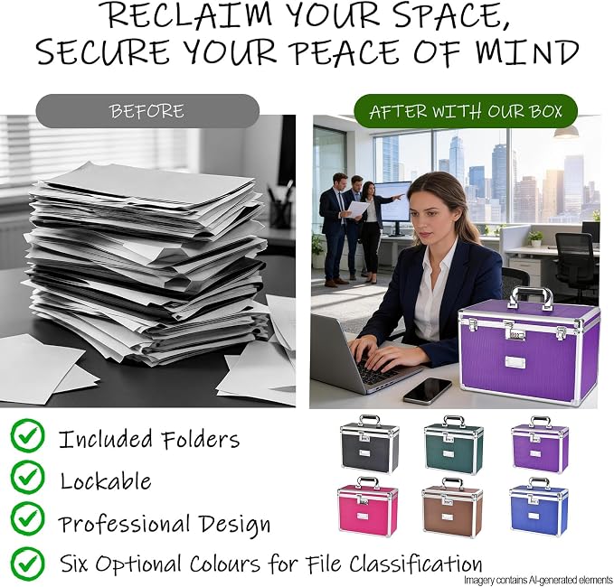 File Storage Cabinet for Legal Size Hanging File Folders, Suspension File Holder, Document Organizer Filing Lockbox in Office and Home with Combination Lock and 10-pack Hanging Files (Purple, Legal)