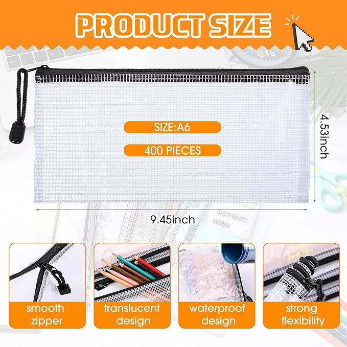 Zhehao 400 Pcs A6 Mesh Zipper Pouch Pencil Pouch with Zipper Waterproof Mesh Storage Bags Small File Bags for Classroom Organization School Office Supplies, 9.5 x 4.5 Inch (Black)