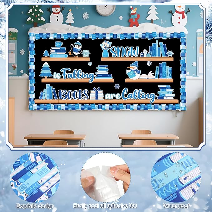 Funrous 60 Pcs Winter Reading Bulletin Board Decorations Set Winter Christmas Library Bulletin Boards Snowman Penguin Books Paper Cutouts for Xmas Holiday Party School Classroom Home Wall Decorations