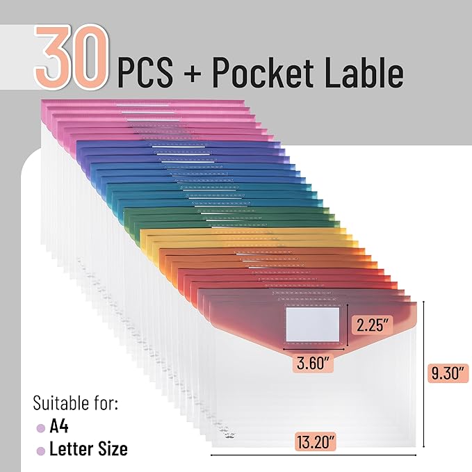 Mr. Pen- Clear Plastic Envelopes File Folders, 30 Pack, A4, Letter Size, Colorful Flaps, Bulk Clear Folders for Documents Plastic Poly Envelopes with Label for School, Home, Work, Office, Organizer