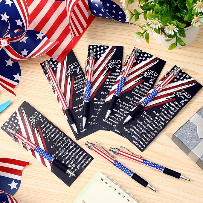 Motiskyy 10 Sets American Flag Ballpoint Pens Bulk USA Patriotic Themed Black Ink Retractable Pen Stars Stripes Bookmarks Stationery 250th Anniversary Souvenirs for Veterans Home Office Army