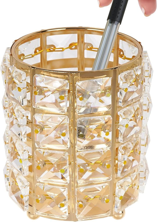 Crystal Pen Holder, Pencil Cups for Desk, Multi-Purpose Desktop Organizer, for Office Writing Desk (Gold)