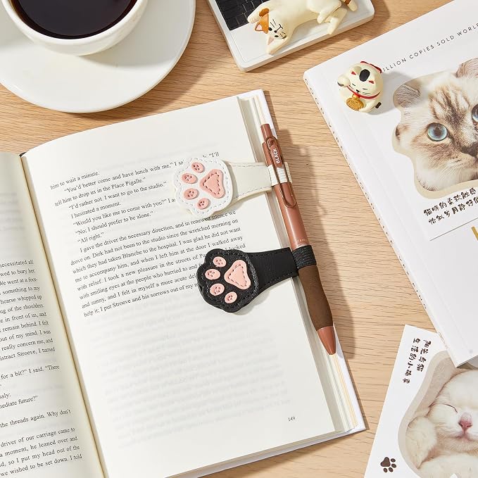 2Pcs Magnetic Bookmarks with Gift Box Magnetic Pen Holder for Notebook Cat Book Marks Clip Gift for Book Lover Readers Cute PU Leather Bookmark for Women, Paw (White+Black)