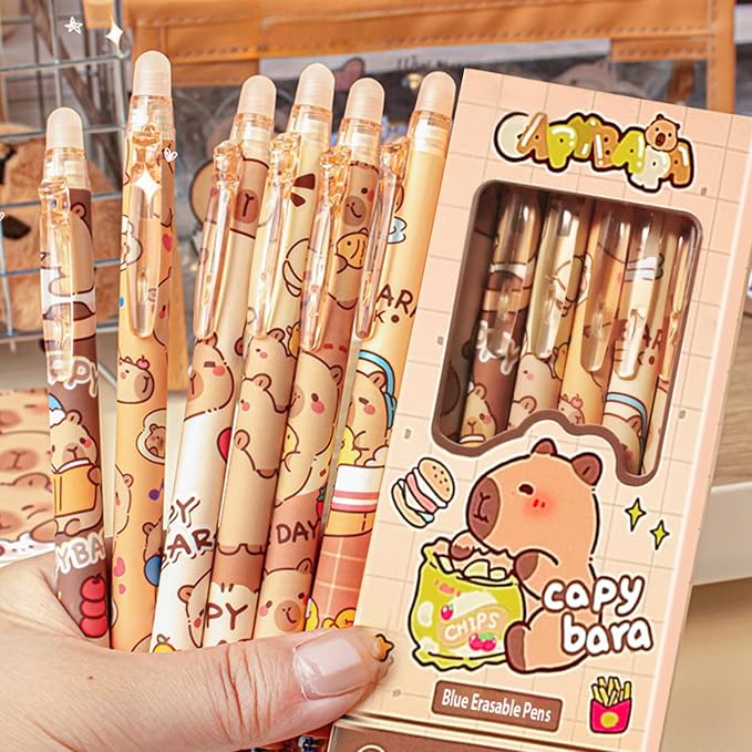 12 PCS Cute Erasable Pens,Capybara Erasable Gel Ink Pens,0.5mm Blue Ink - Retractable, Cute Capybara School Supplise,Kawaii Capybara Stationery Set,Perfect for Office, School, Women,Man