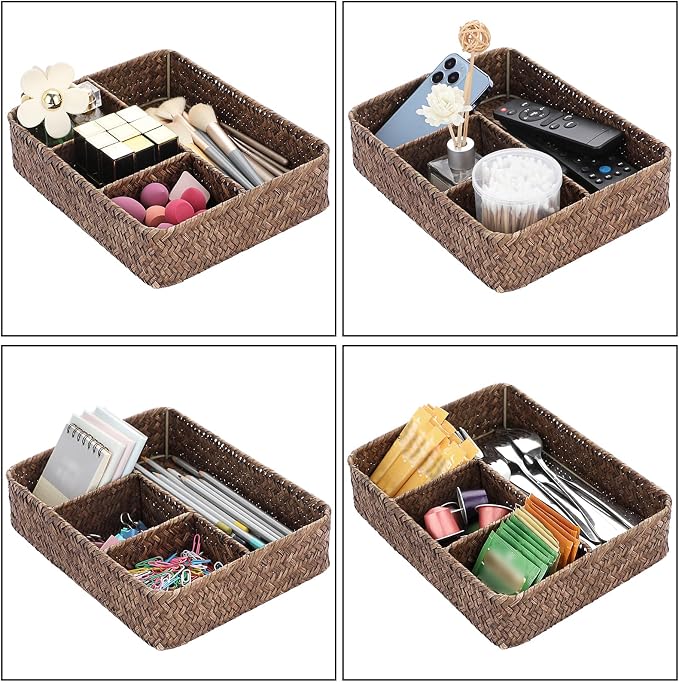 BTSKY Desk Drawer Organizer Tray, Coffee Station Organizer Tea Bag Organizer, Woven Seagrass Storage Basket with 4 Divided Sections Handwoven Wicker Basket for Shelves, Pantry, Coffee Bar (Coffee)