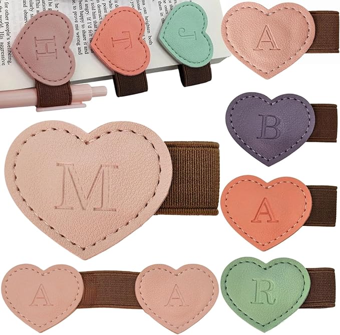 Personalized Magnetic Leather Heart Bookmark with Pen Holder - 26 Letters Custom Book Mark Notebook Pencil Loop with Initial Book Marker for Readers, Book Lovers- Gifts for Women Men(Pink,M)