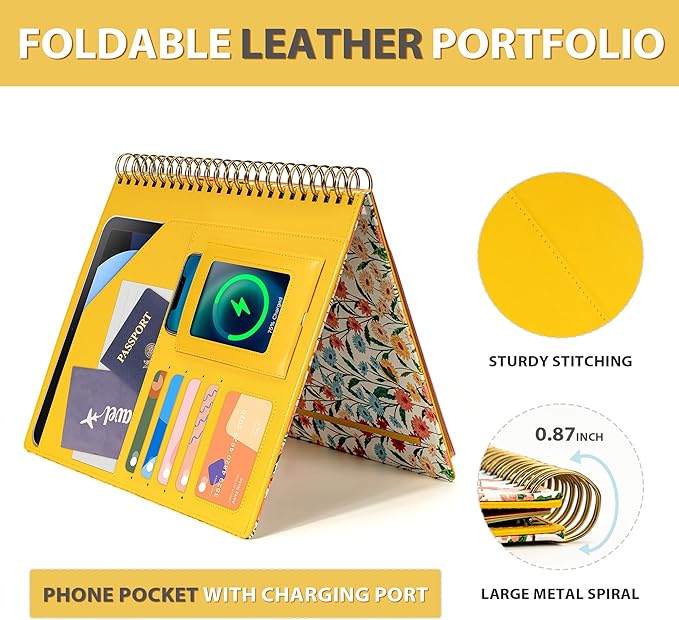 Ospelelf Clipboard with Storage for Men Women, Leather Padfolio Portfolio Organizer 5 Folders with 10 Pockets, Spiral Clipboard Folio with Notepad for Letter Size, Elastic Closure and Pen Loop Floral