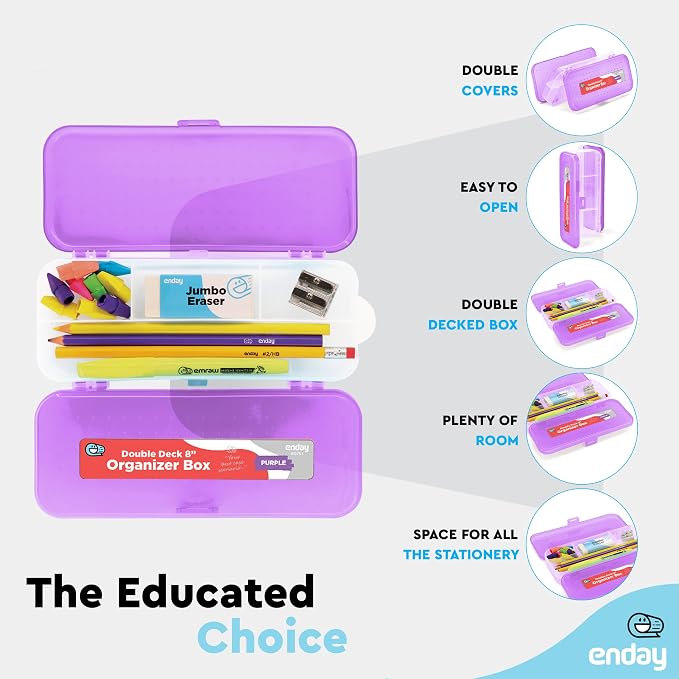 Enday Pencil Box Purple, Plastic Double Deck Pencil Case with 7 Compartments, Box Organizer with Snap Closure for Home and Office