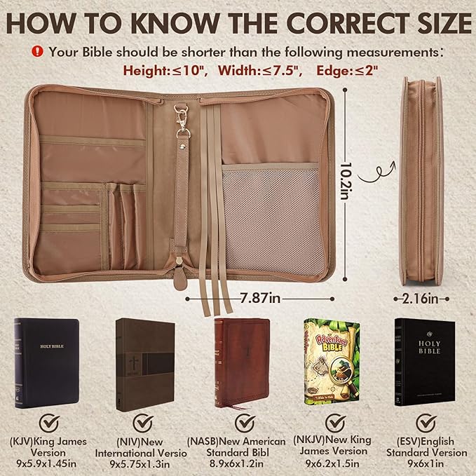 Bible Cover Case, Premium, Leather Carrying Case with Handle&Zippered Pocket for Standard Size and Bible Accessories, Large Bible Bag, Ideal Gift for Women Men Lady Girls