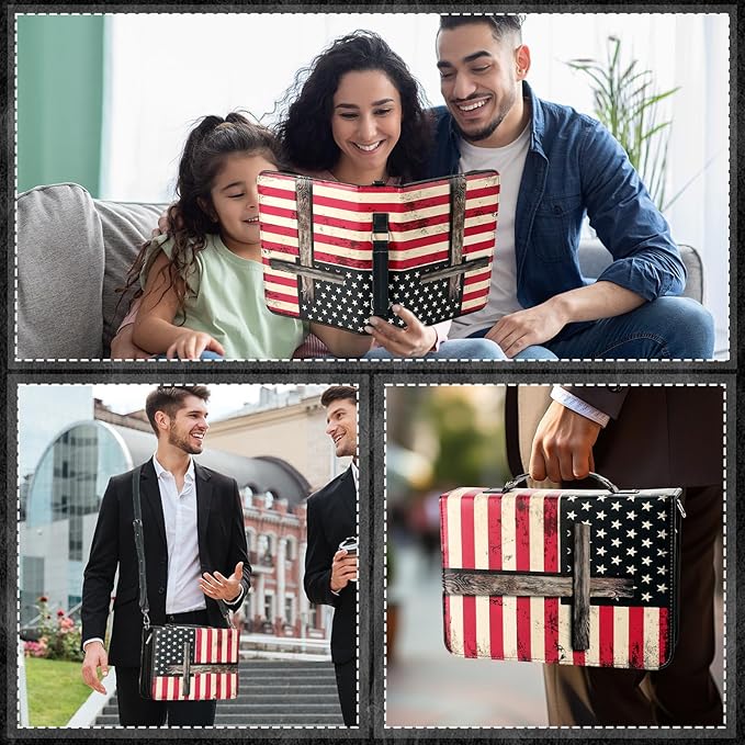 19PCS American Flag Leather Bible Cover for Men Bible Cover Cases for Mens Boys Christmas Gift Christian Carrying Bag Journaling Kit with Shoulder Strap Highlighter Pens & Book Marker Study Supplies