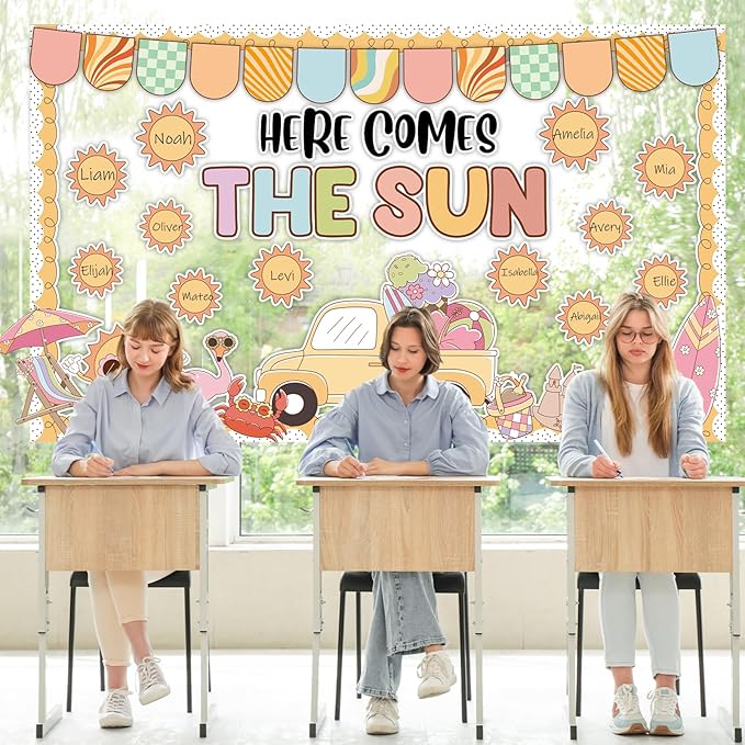 Retro Sun Motivational Bulletin Board Decor Summer Sunshine Bulletin Board Decoration Sunshine Groovy Hippie Paper Cutouts Sun Shine Beach Blackboard for School Classroom Summer Theme Party Supplies
