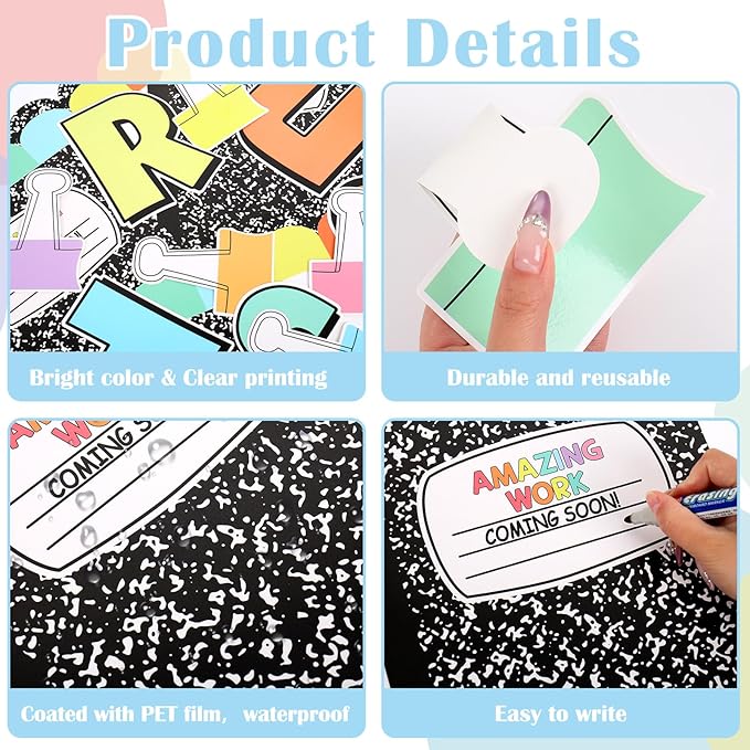 JarThenaAMCS Student Work Display Bulletin Board Decoration Set Composition Notebook Clips Inspirational Paper Cutouts for Back to School Classroom Chalkboard Wall Decor Teacher Supplies