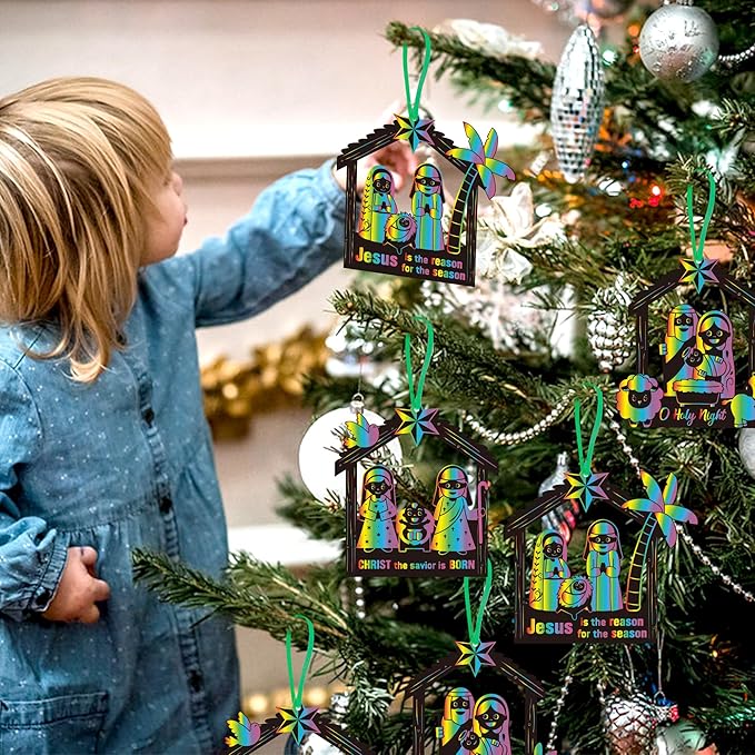 Christmas Nativity Scratch Card - 60Pcs DIY Christmas Nativity Scene Magic Scratch Cards Craft Kit for kids, Christian Jesus Birth Hanging Tags Party Favors for Xmas Sunday School Classroom