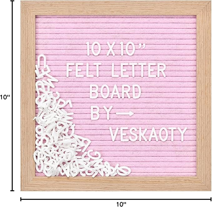 Felt Letter Board with 294 Letters, Numbers & Symbols - 10 x 10 inch Changeable Message Board with Wooden Frame Wall Mount Hook, Pink & Wood