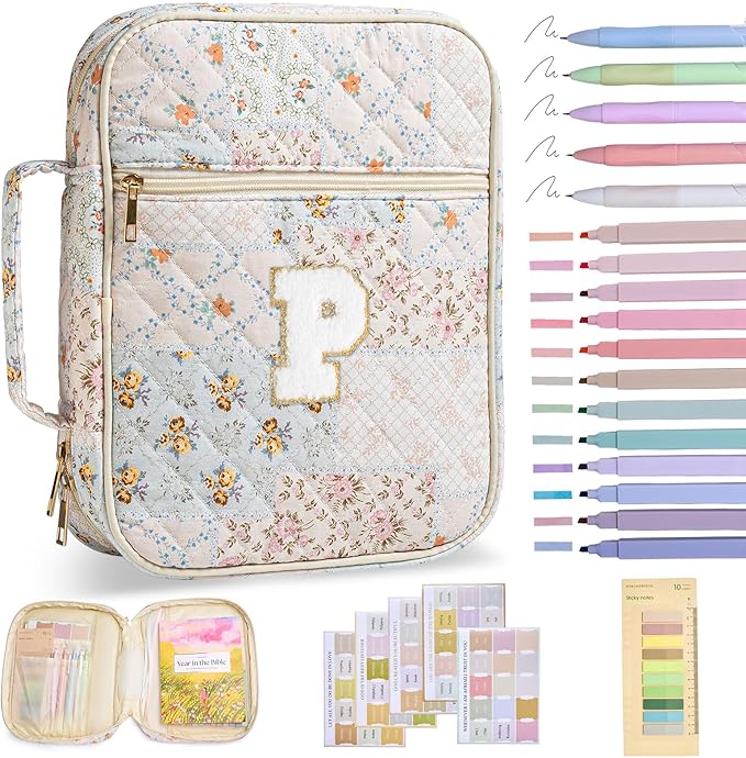 Initial Bible Cover Case for Women Girls Kid Large Bible Cover with Durable Handle Quilted Bible Carrying Case for Girls Bible Study Supplies Accessories (Spliced Flower P, one Size)