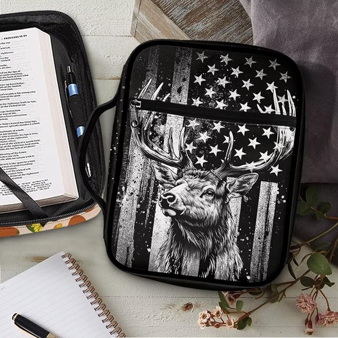 Coldinair Elk Camo USA Flag Bible Covers for Boys Kids Teens Portable Bible Case with Bookmark Large Carrying Book Case Church Bag Protective with Pocket and Zipper