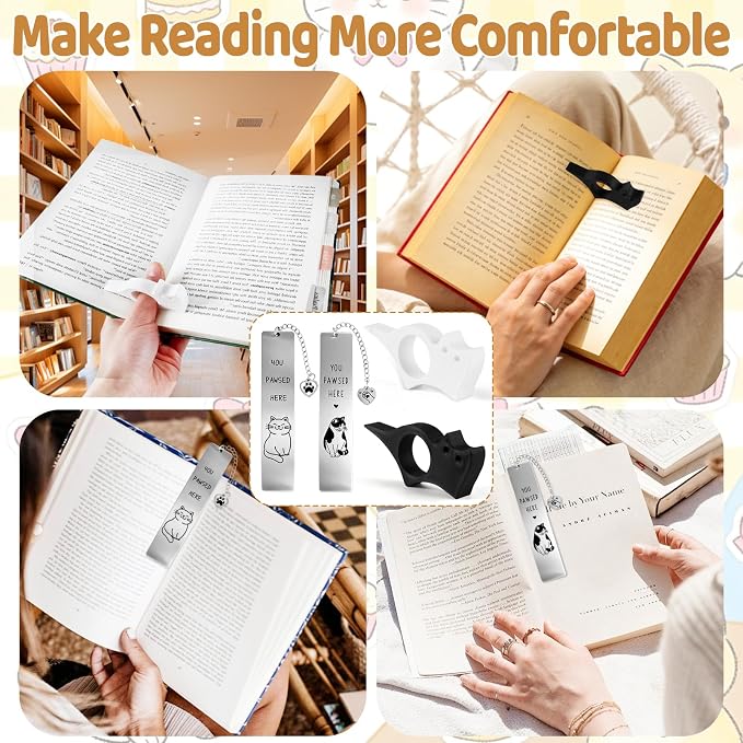 4Pcs Cat Bookmark Book Page Holder Funny Gifts for Men Women Cute Metal Book Mark Wood Thumb Book Page Holder Black Cat Reading Lover Gifts Accessories Unique Friend Coworker Teacher Birthday Gift