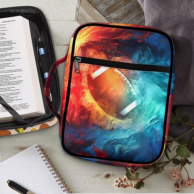 Coldinair Bible Cover Football Print Carrying Book Case Church Bag Polyester Bible Protective with Handle and Zippered Pocket Rugby On Fire Flame Bible Carrying Case