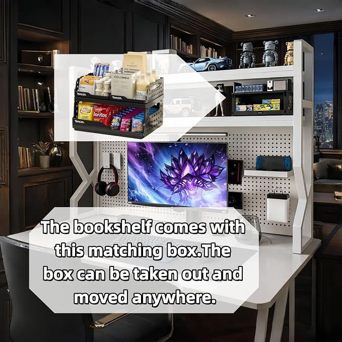 Desktop Hutch Bookshelf,Many Gifts,Metal Desktop Bookcase with pegboard, Desk Shelf White, Countertop Storage Organizer Rack for Dorm or Office,Desktop Shelves(White, 29.5" Lx9.9 Wx39 H)