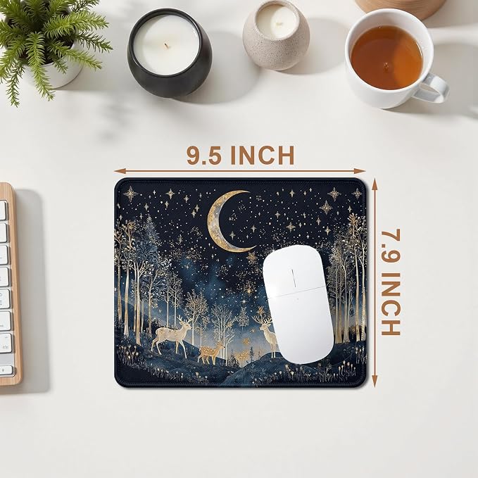 Boho Witchy Crescent Moon Deer Mouse Pad, William Morris Inspired Navy Blue and Gold Night Sky Forest Animal Mouse Pad for Home Office Computer Gaming Desk Essentials, 9.5x7.9 Inch