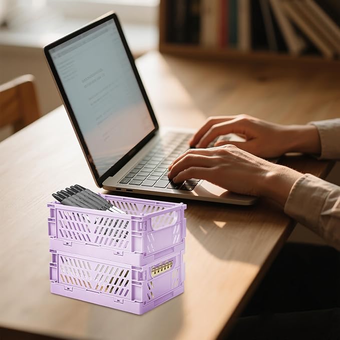 6 Pack Mini Foldable Small Plastic Baskets for Organizing and Storage，Collapsible Storage Crates,Mini Bins for Home Kitchen Bedroom Bathroom Office (Purple, Small 6x4x2.2)