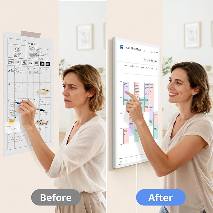 Digital Calendar 24 Inch Touch Screen, Electronic Wall Calendar Chore Chart for Family Monthly/Weekly Planner, Interactive Display Smart Calendar for Home Organization, Desk Mount Included - White