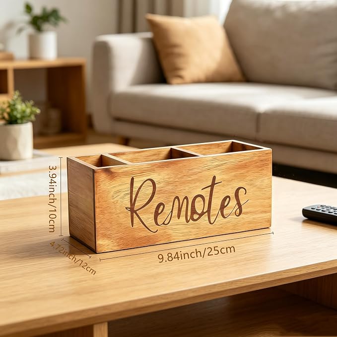 Remote Control Holder, Farmhouse Wood TV Organizer for Table, Wooden Remote Control Organizer, Remote Storage Caddy, Remote Control Organizer (Brown, 9.8 Inch Labeled Remote)