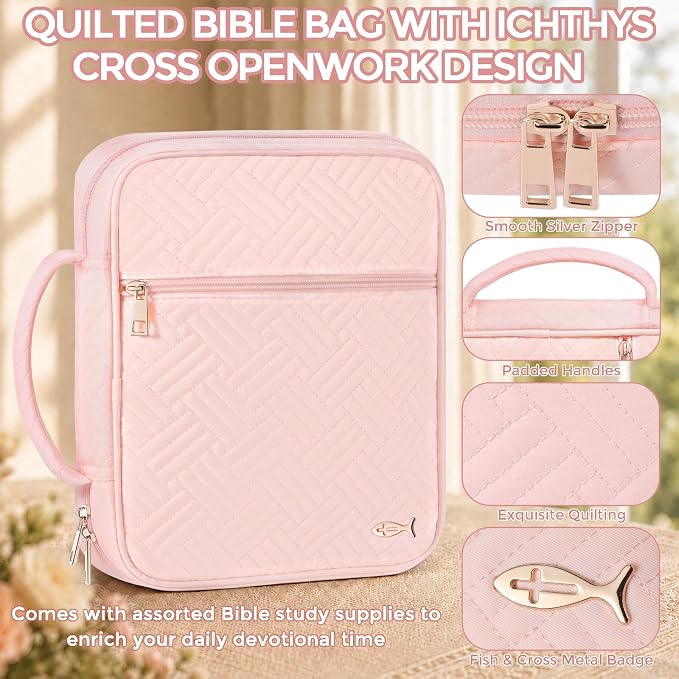XKDOUS Bible Cover Case for Women, Large Bible Cover with Durable Handle, Washable Quilted Bible Case, Bible Study Supplies & Christian Gifts for Mom, Women, Men (Pink)