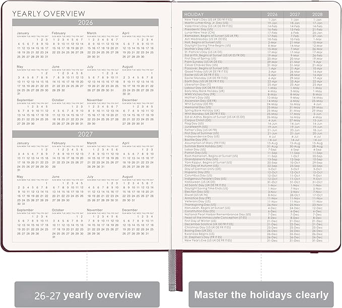 Planner 2026-2027 - Jul. 2026 - Jun. 2027, Academic Planner 2026-2027, Leather Planners Weekly and Monthly, 6.3" x 8.4", Hardcover with Back Pocket + Thick Paper + Twin-Wire Binding - Wine Red