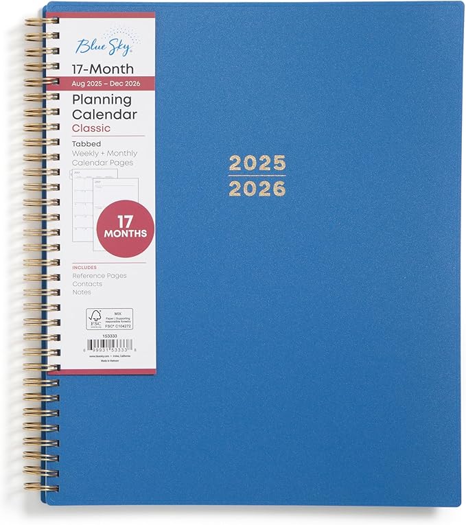Blue Sky 17 Month Weekly and Monthly Academic Year Planner Calendar, August - December, Flexible Cover, Wirebound, Laminated Tabs, Azure (Azure- 2025/2026, 8.5" x 11")