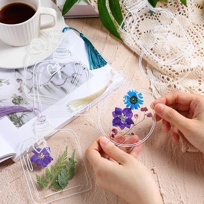 TaoBary 161 Pcs DIY Transparent Dried Flower Bookmark Set Include Clear Bookmarks Dried Flowers Colorful Tassels and Tweezer Handmade Dried Floral Bookmark for Reader Book Bottle(Cute)