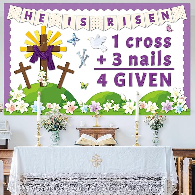 Easter Jesus Cross Bulletin Board Set Lent 1 Cross 3 Nails 4 Given Jesus Resurrection Classroom Decoration Easter Spring Religious Bulletin Board Cutouts for Church Classroom Chalkboard Wall Decor